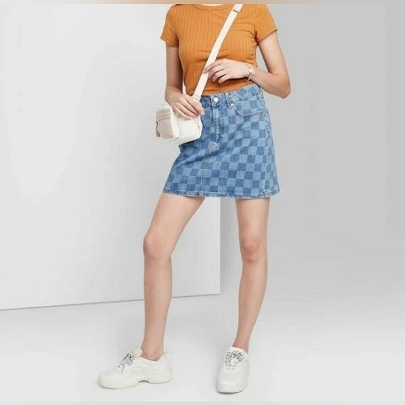 Trendy Denim Checkered Skirt- Like New - Picture 5 of 5